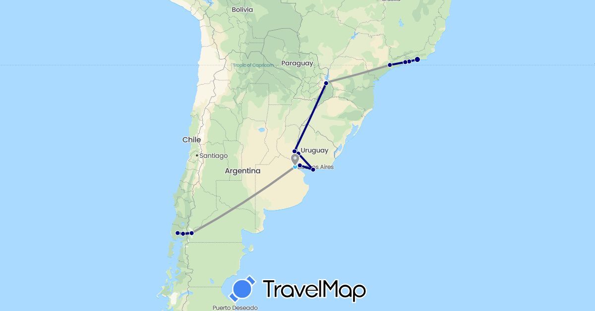 TravelMap itinerary: driving, plane, boat in Argentina, Brazil, Chile, Uruguay (South America)